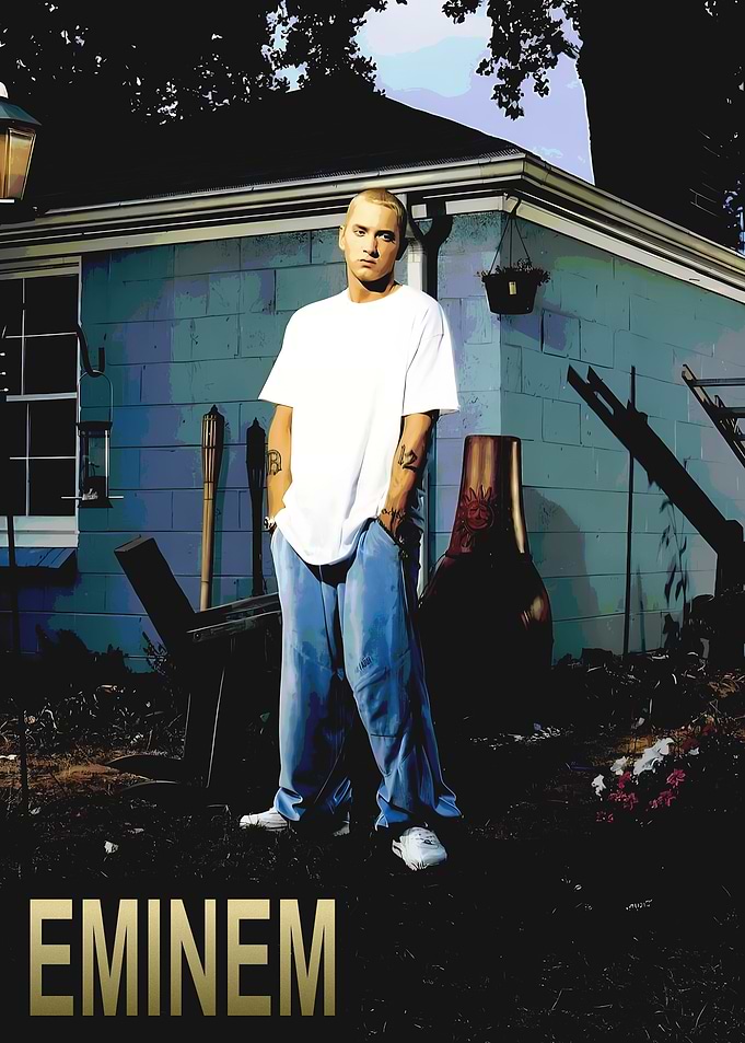 Eminem standing in front of a house