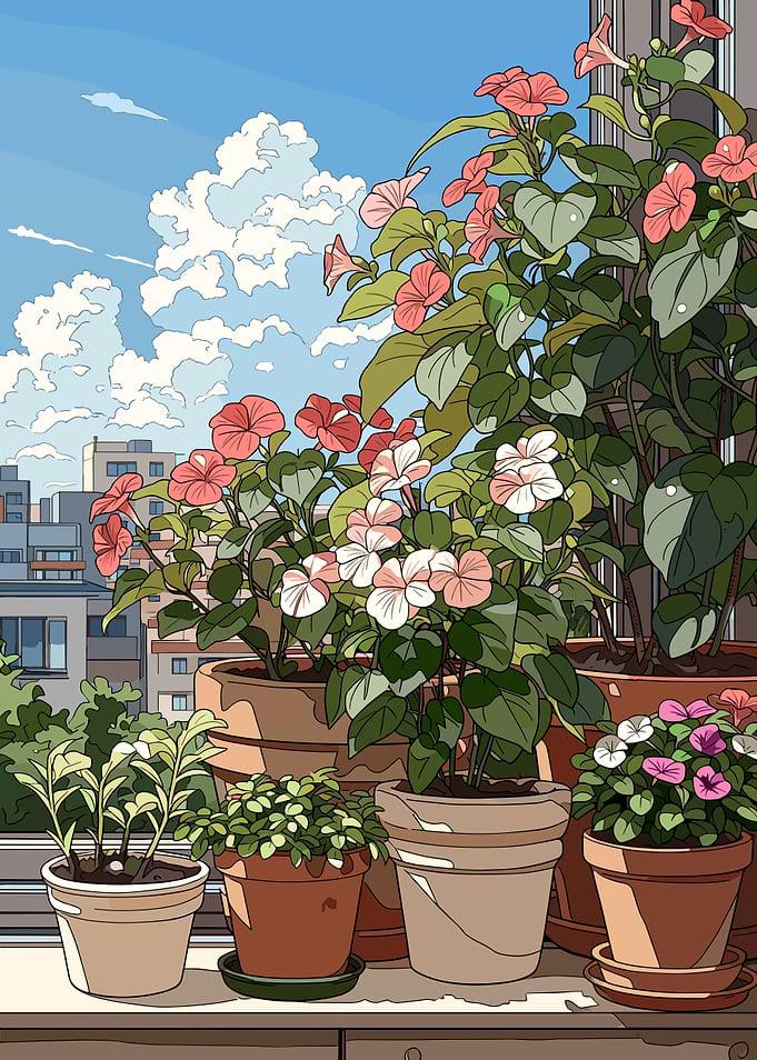 Balcony Garden with Flowers and City View