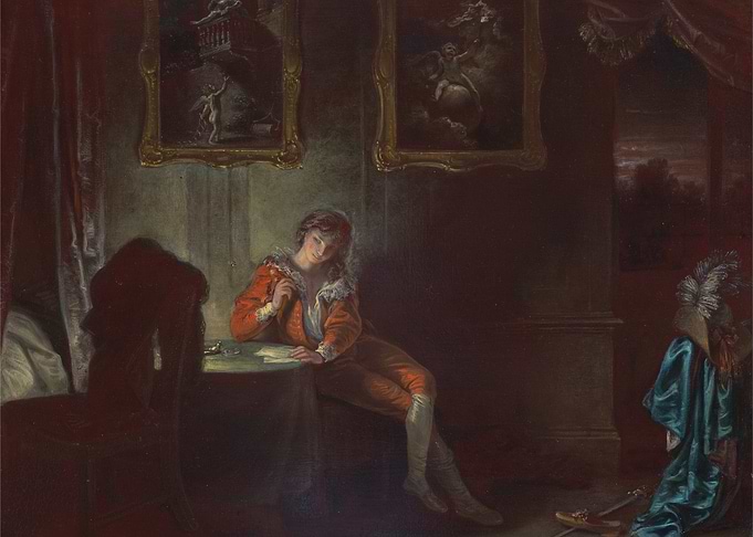 Man in Orange Suit Writing at Desk