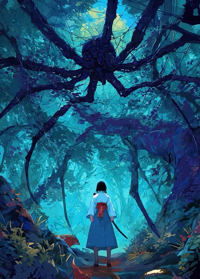 Samurai facing a giant spider in a forest