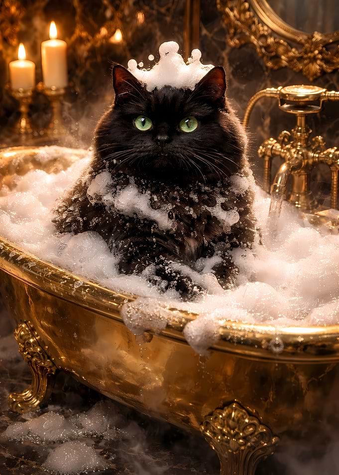 Chubby Black Cat Bathing with Soap Foam Crown Art