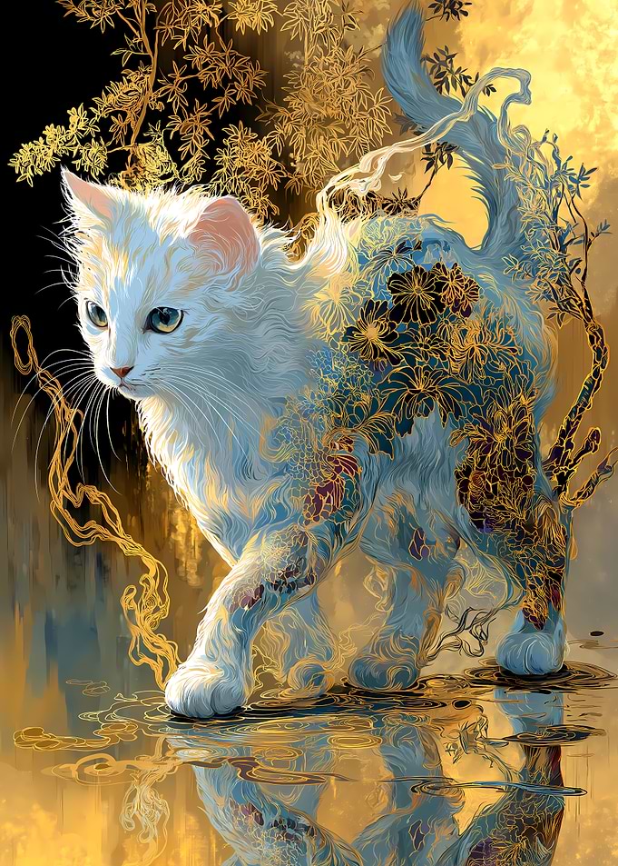 Enchanted White Cat with Floral Patterns