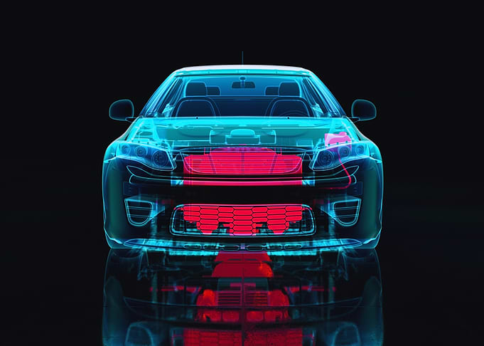 Transparent Car Blueprint with Red Components