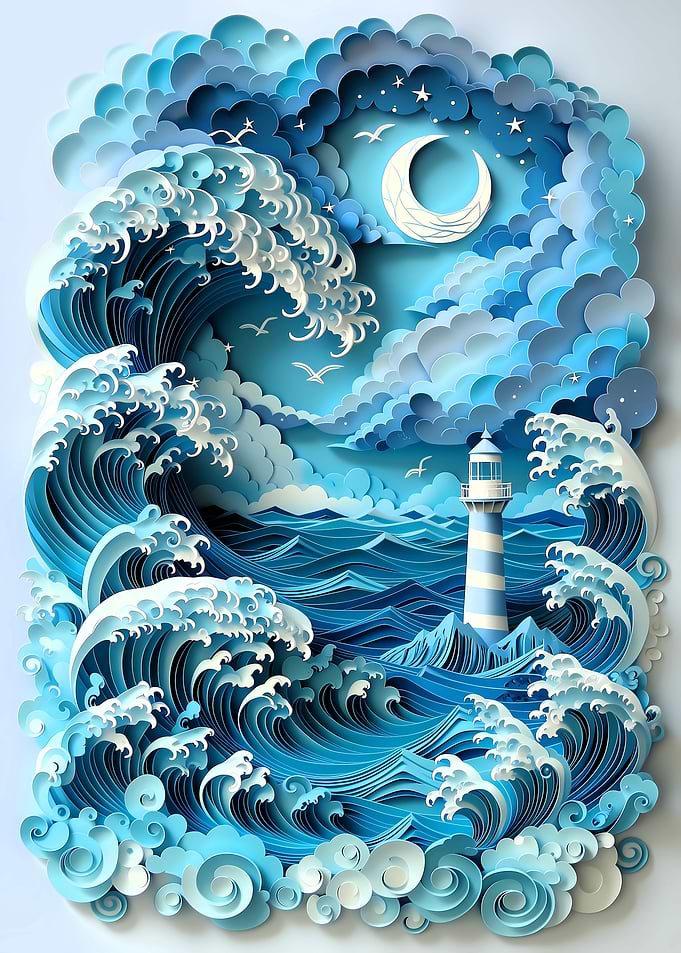 Papercraft Lighthouse in Stormy Seas