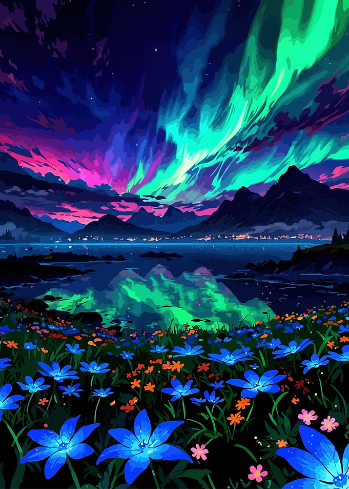 Aurora Borealis over a Flower Field