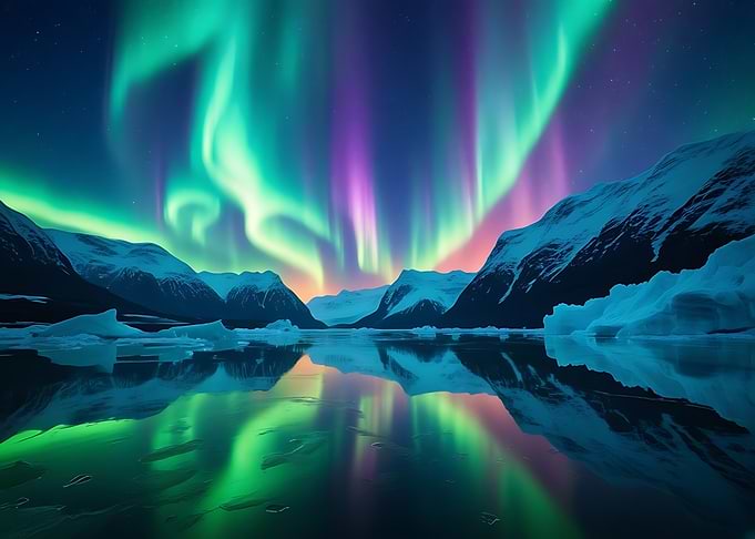 Northern Lights over Snowy Mountains at Lake Nature