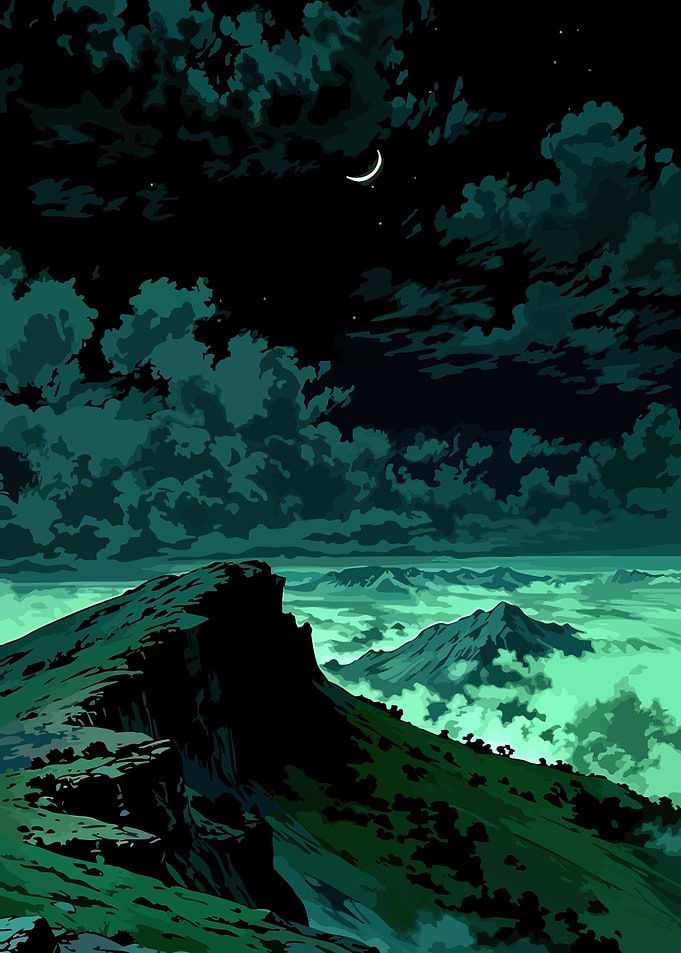 Nighttime mountain landscape with crescent moon