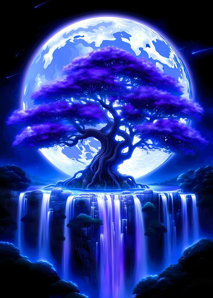 Tree Waterfall Under Blue Moon