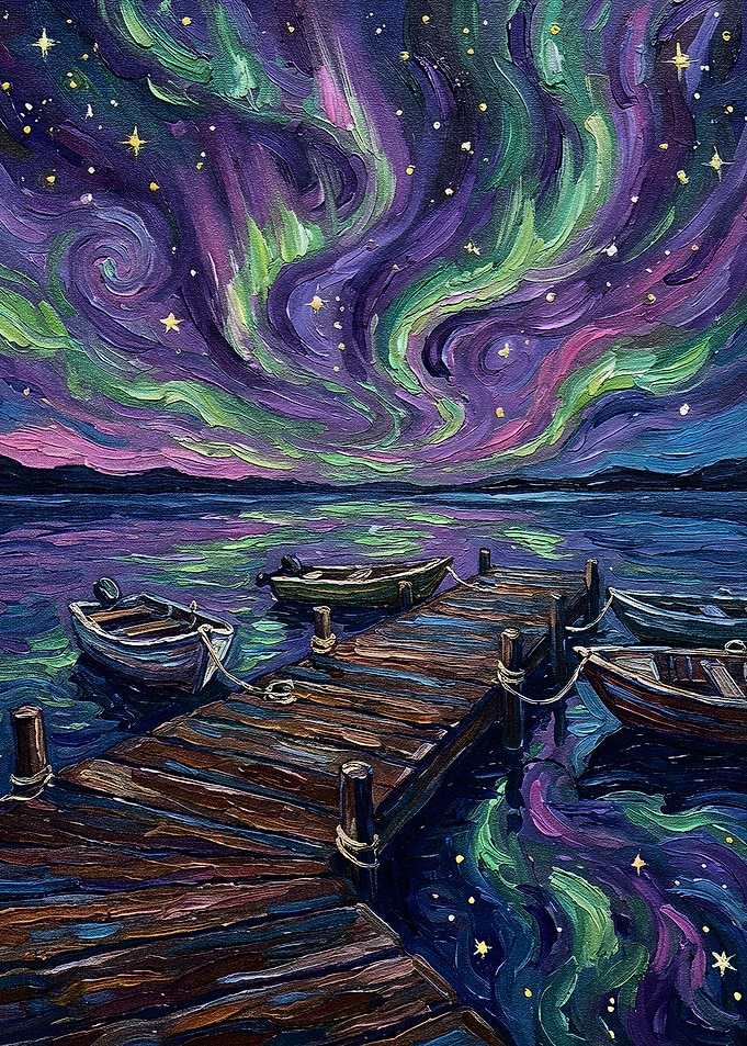 Aurora Borealis Over Docked Boats