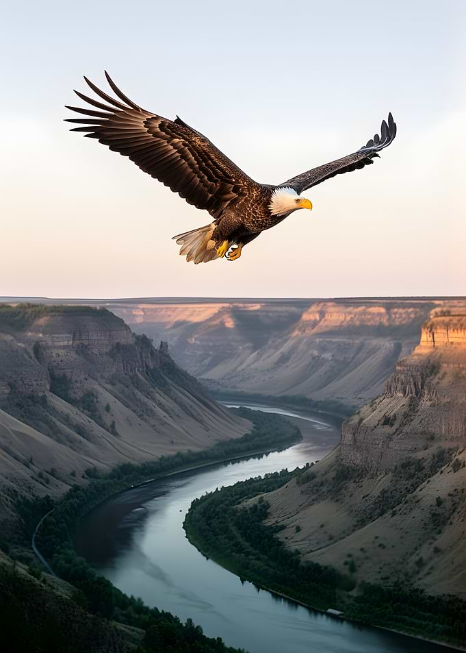 Bald Eagle Soars Over Canyon River