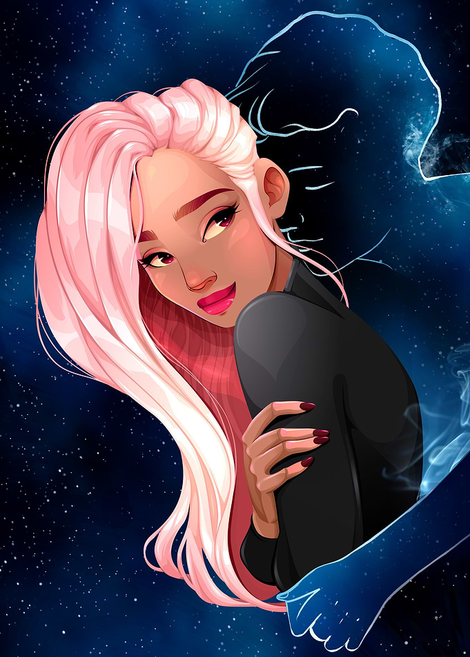 Woman with Pink Hair in Space