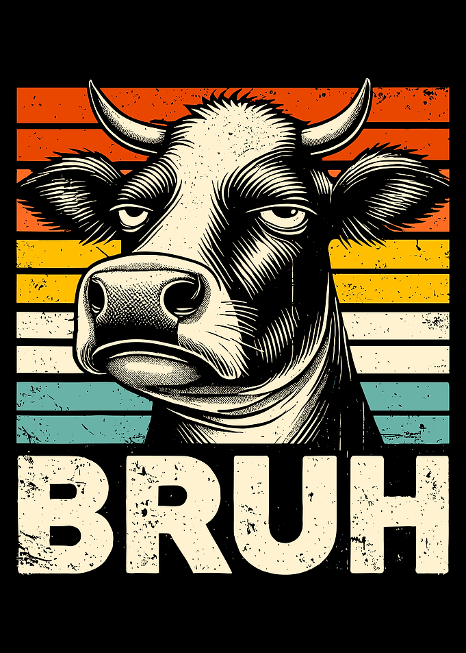 Bruh Cow Poster, Retro Sunset Cow Art, Funny Sarcastic Farm Animal Wall Print