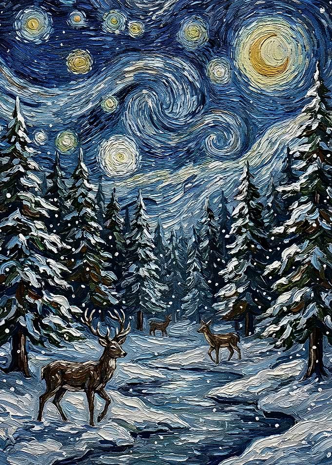 Starry Night Winter Forest with Deer