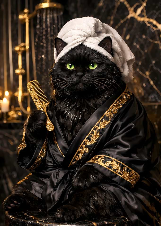Post Shower Black Cat with Head Towel and Comb