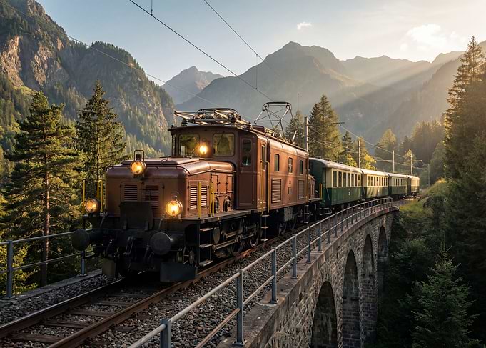 Vintage Train on a Stone Bridge