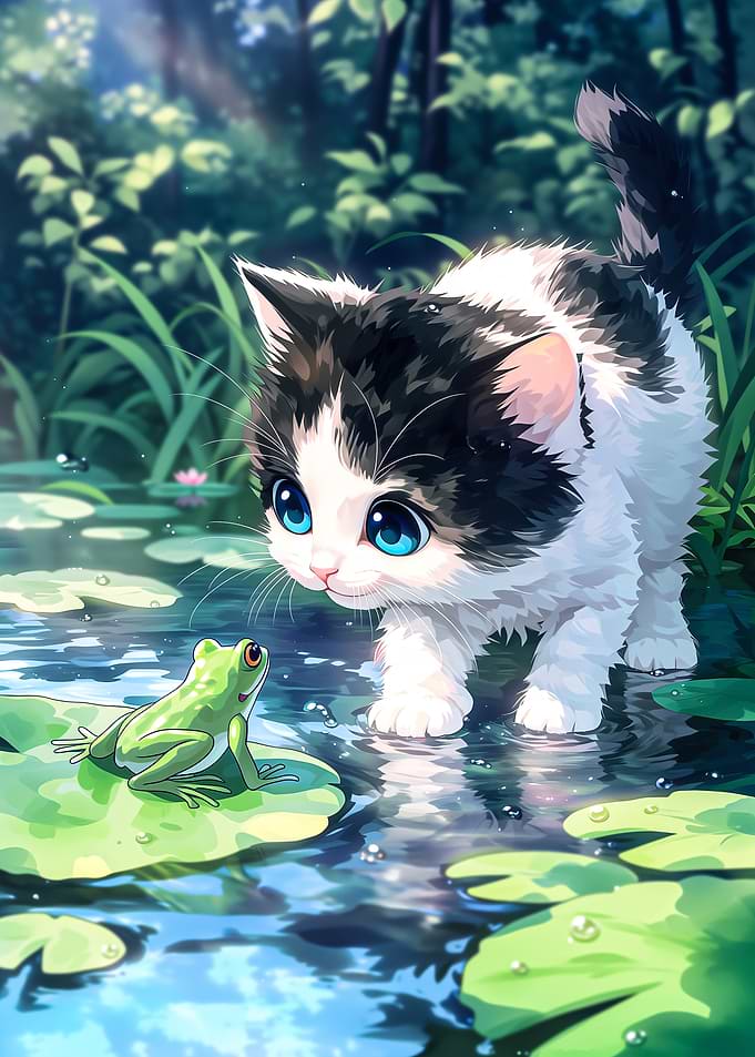 Kitten and Frog in a Pond