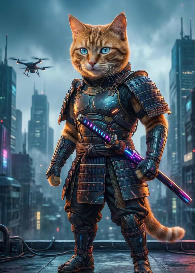 Cyberpunk Cat Samurai with Drone
