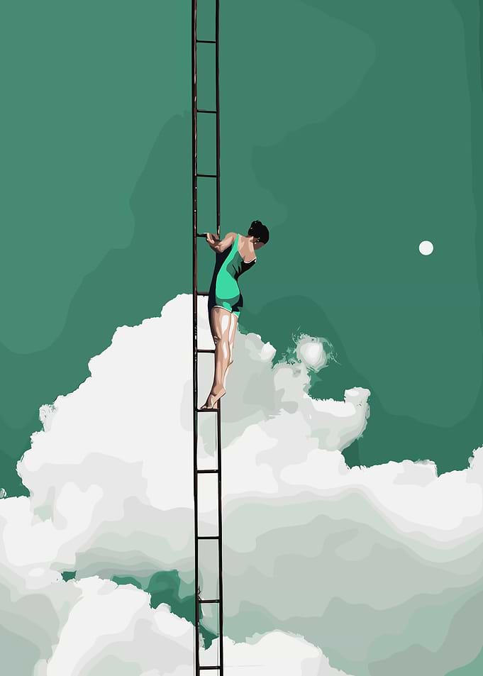 Woman climbing ladder in clouds