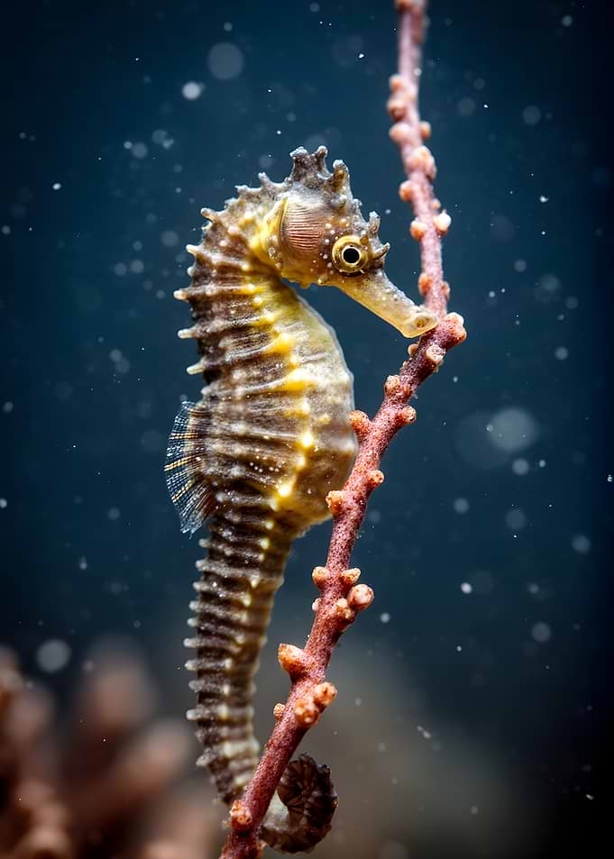 Seahorse clinging to coral