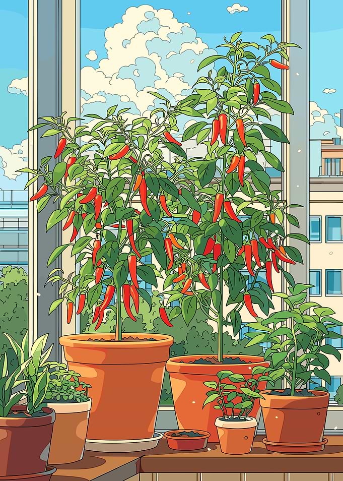 Chili Peppers Growing on a Windowsill