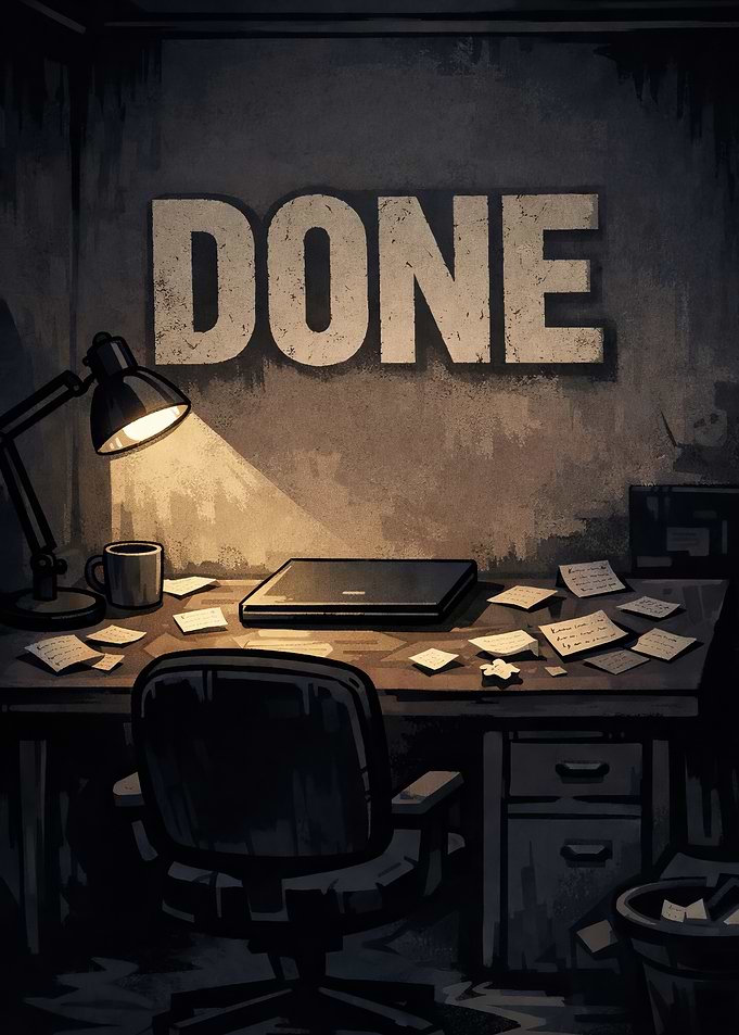 Desk with 'DONE' text