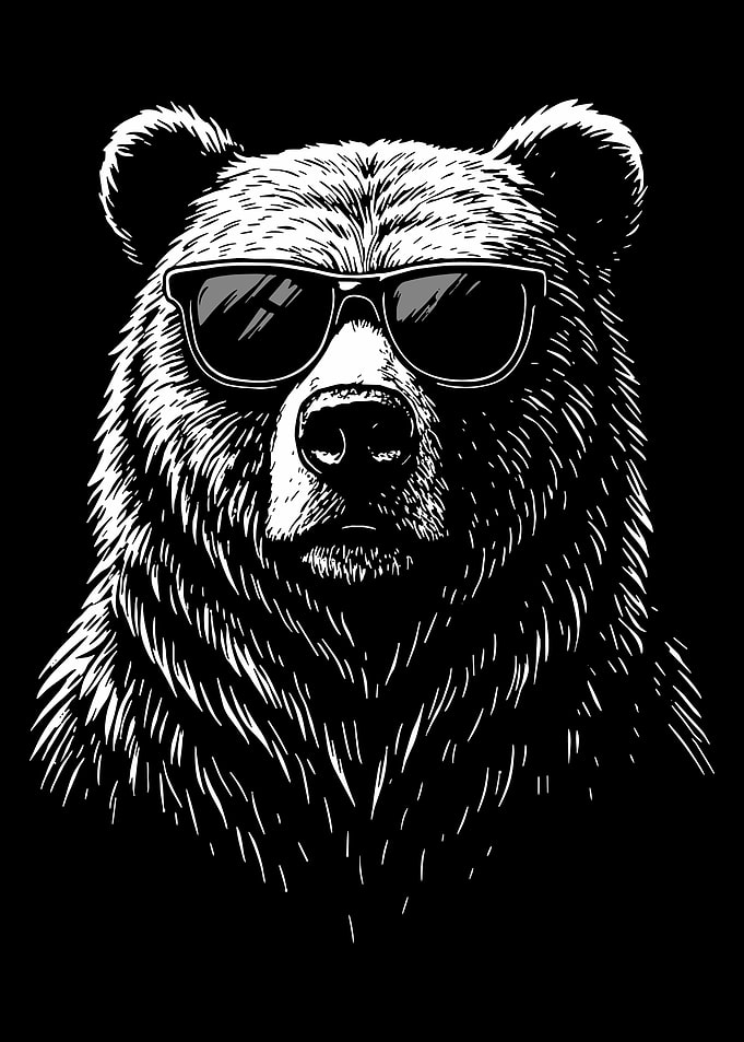 Cool Bear Poster, Black and White Bear with Sunglasses, Edgy Animal Wall Art Print