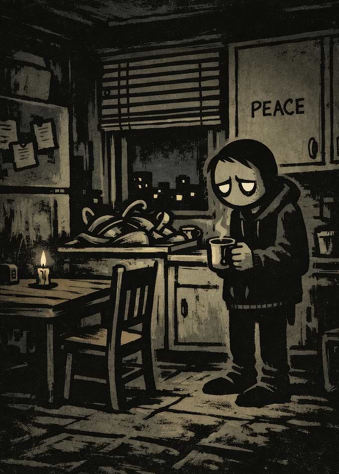Lonely figure in a dimly lit kitchen
