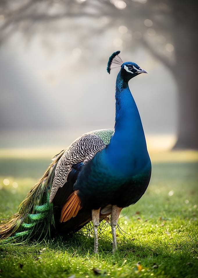 Majestic Peacock in a Misty Garden