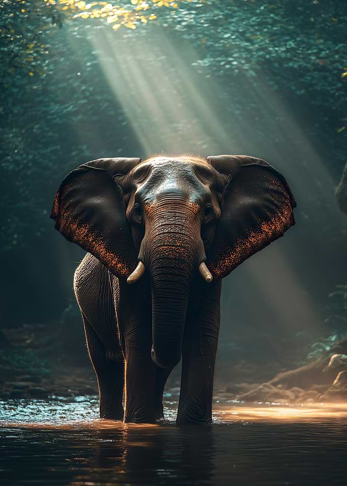 Elephant in a Sunlit Forest Stream