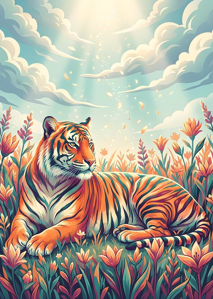 Tiger in a Floral Meadow