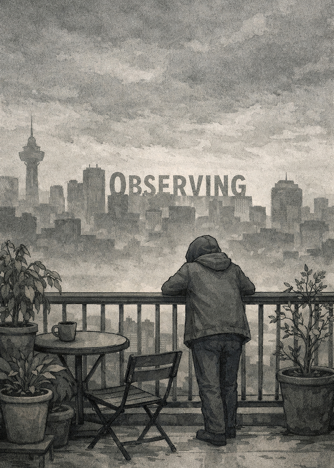 Person observing a foggy cityscape