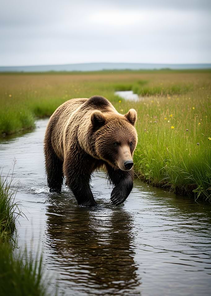 Brown bear walking in a stream
