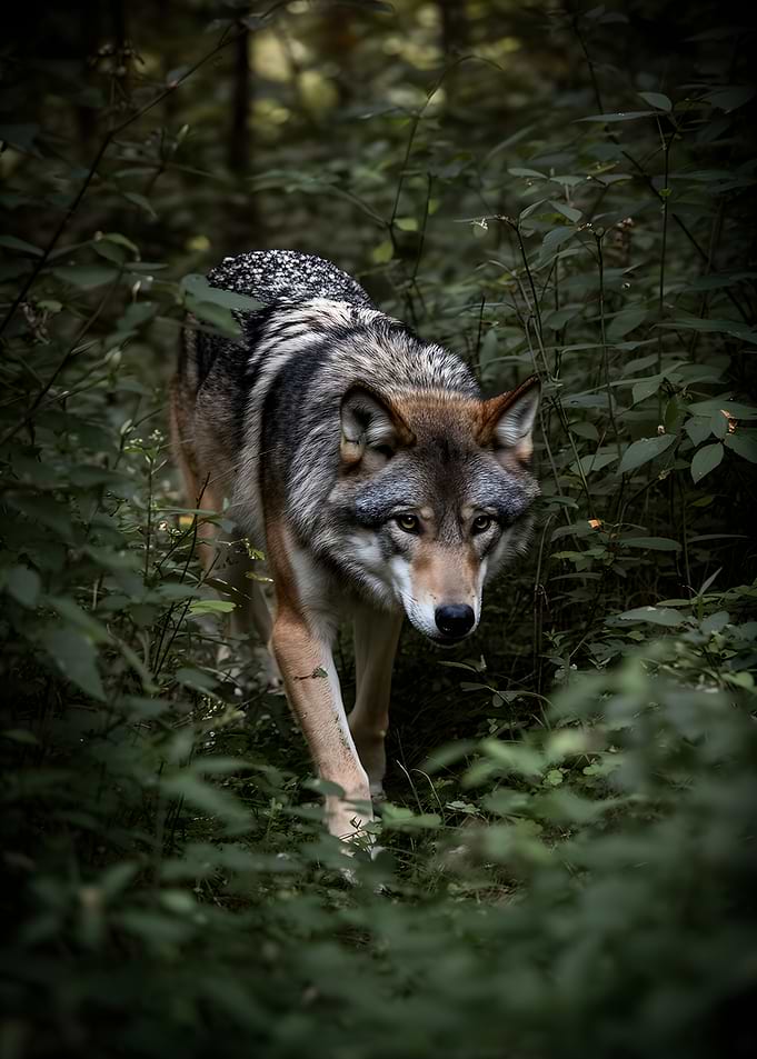 Wolf walking through a forest
