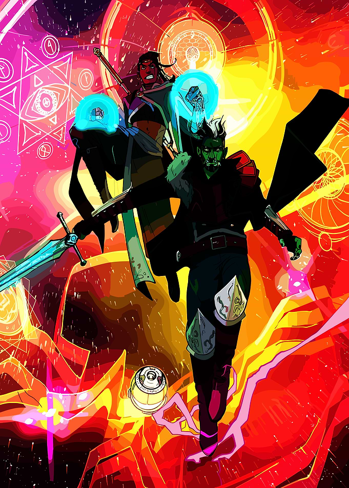 Fantasy characters with glowing magic