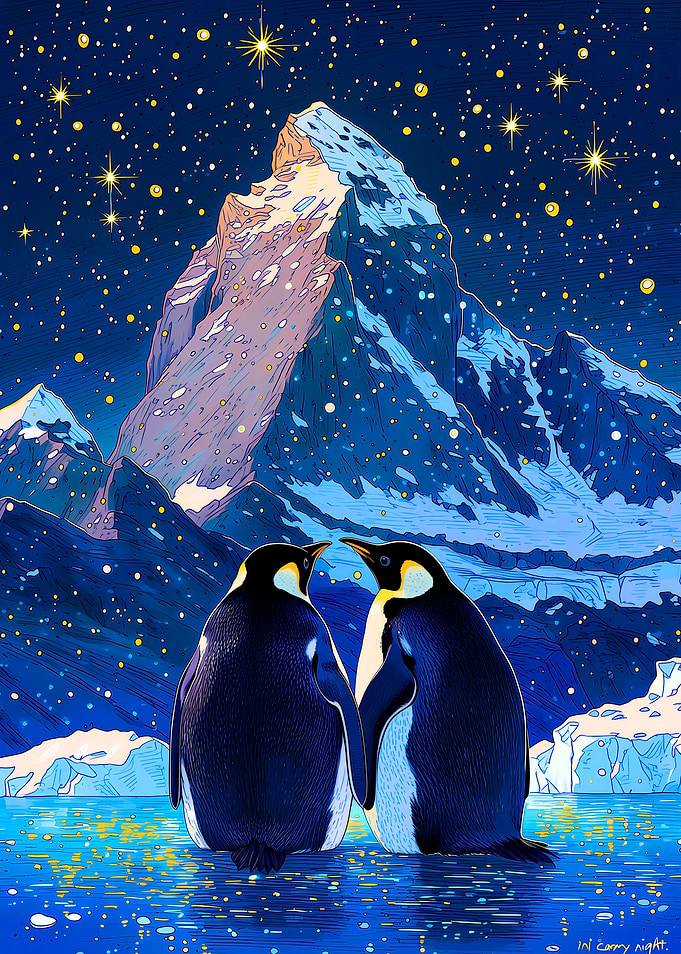 Penguins Under a Starry Night Sky
