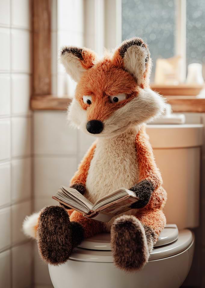 Fox reading a book on a toilet