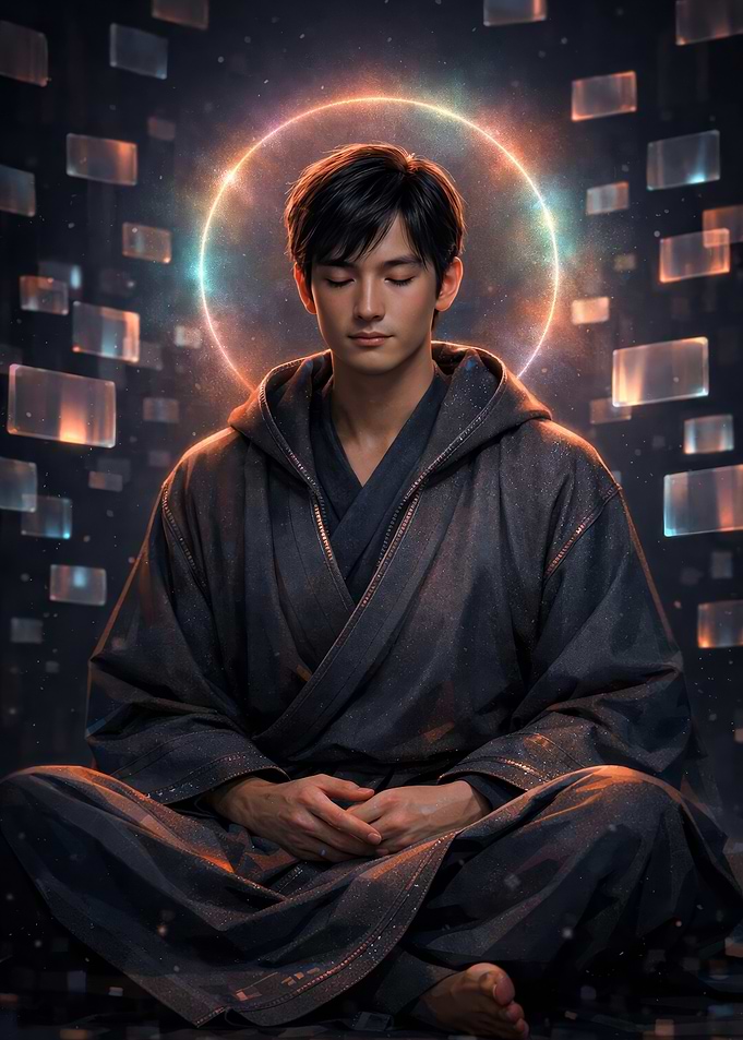 Man meditating in a futuristic setting