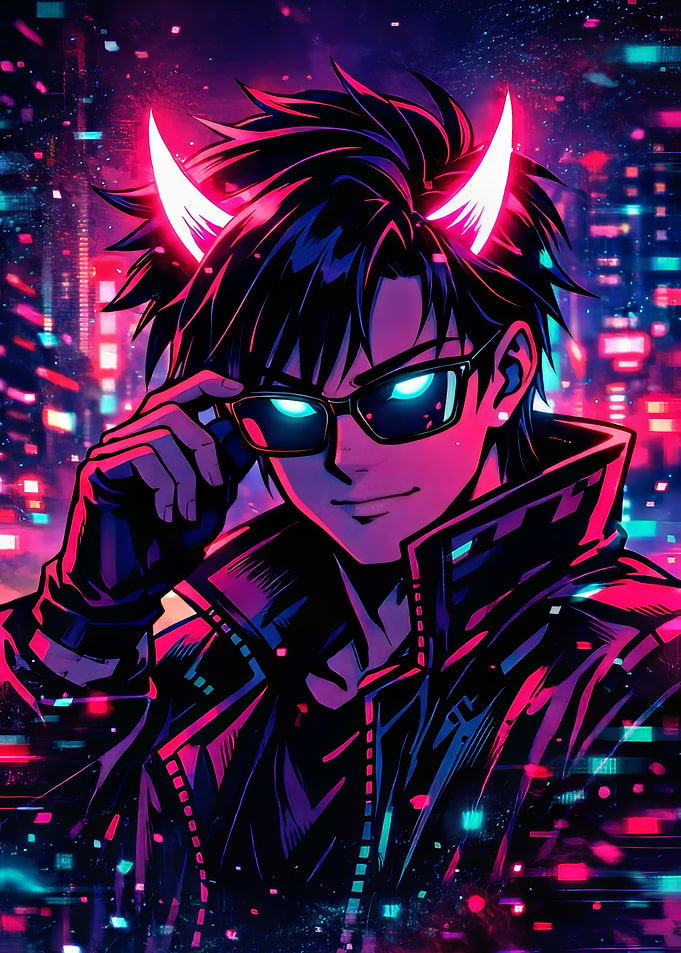 Anime character with glowing horns and sunglasses