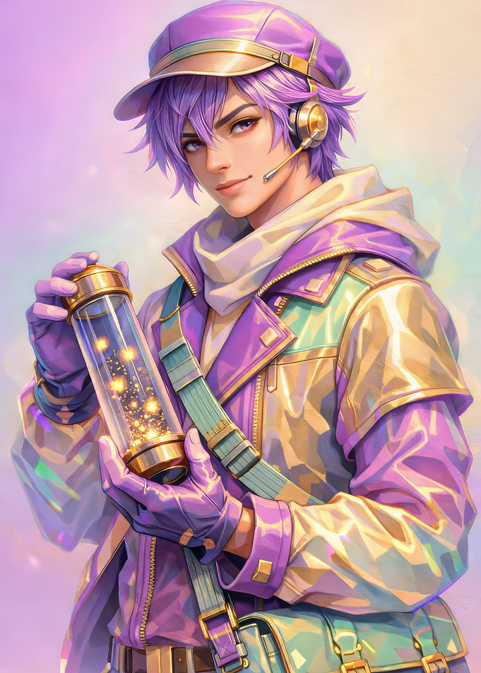 Anime character with purple hair and headphones