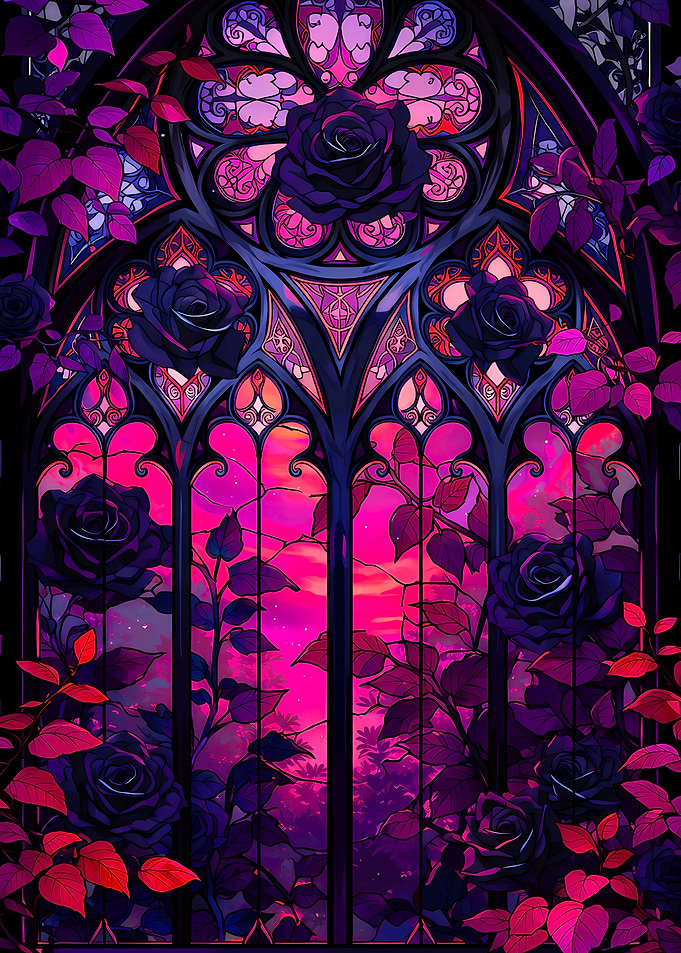 Gothic Stained Glass Window with Roses
