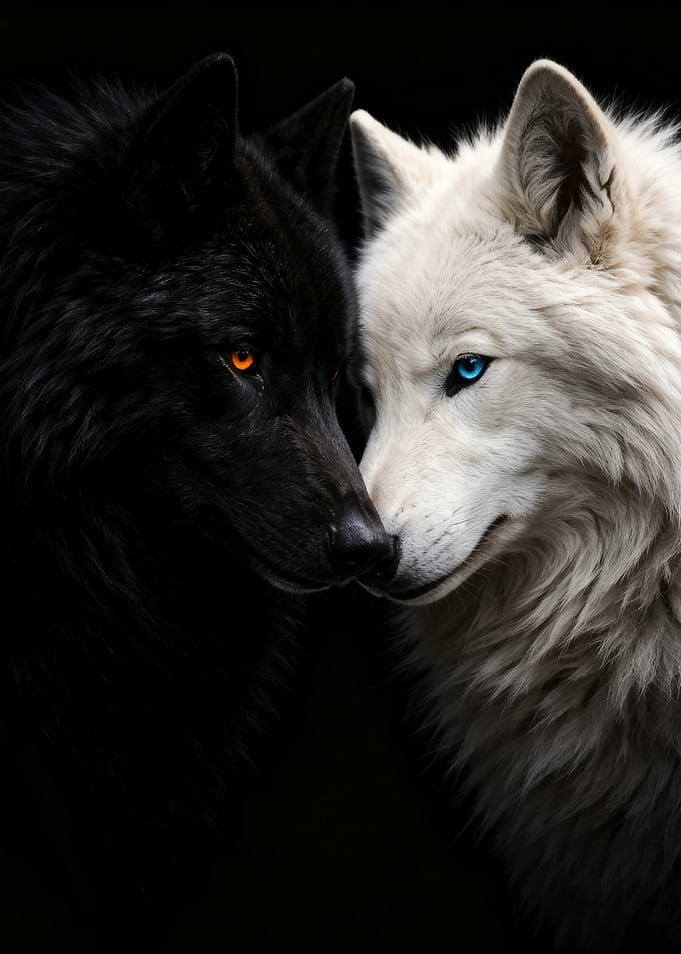 Black and White Wolves Facing