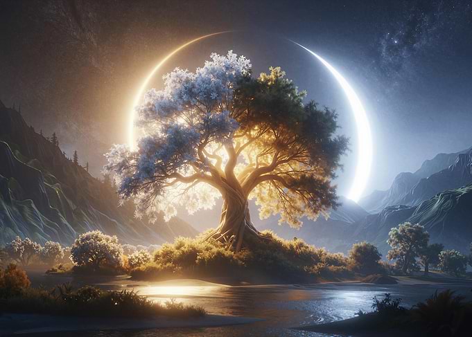 Mystical Tree of Light and Night Under Celestial Ring