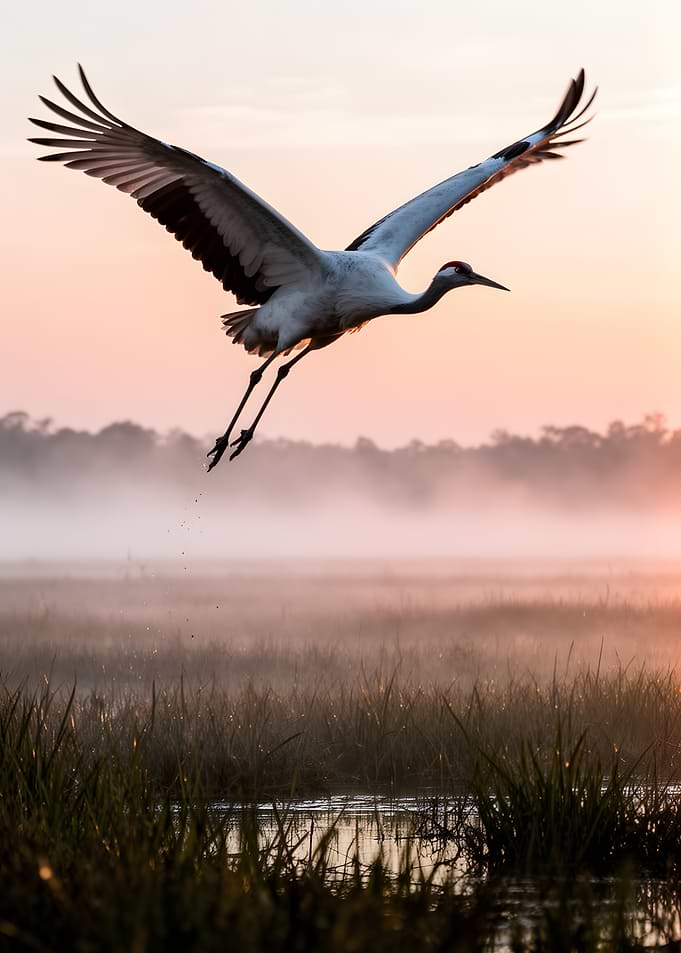Crane flying over misty marsh at sunrise