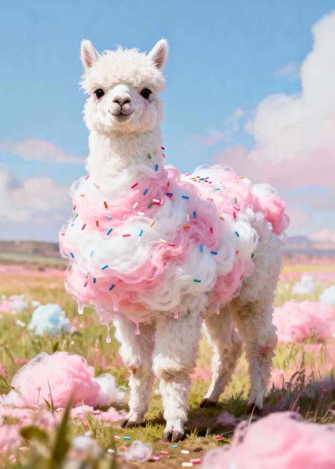 Cute Cotton Candy Alpaca with Sprinkles Surreal Art