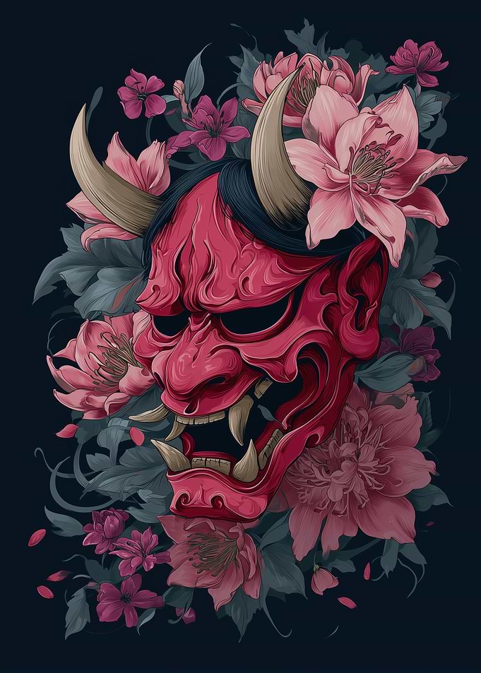 Japanese Oni Mask with Pink Flowers