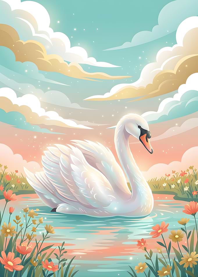 Enchanting Swan in a Floral Pond