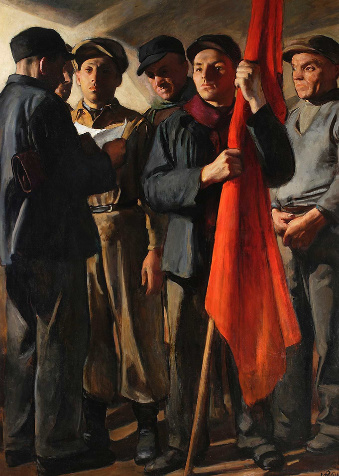 Group of men with a red flag
