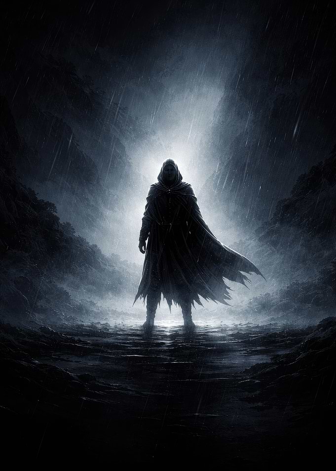 Mysterious hooded figure in the rain