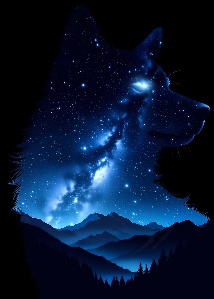 Cosmic Wolf Over Mountains