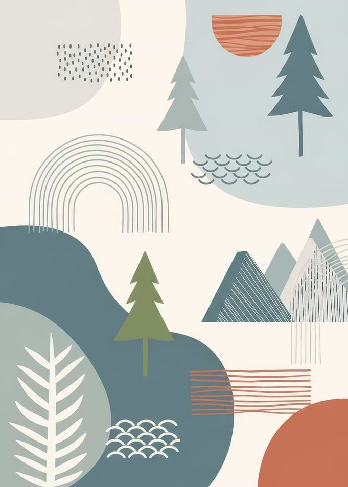 Abstract Nature Landscape with Trees and Mountains